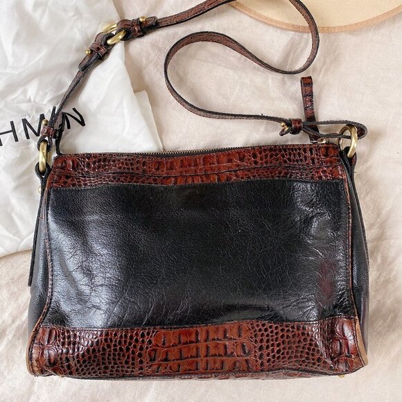 Brahmin Black Leather Brown Corc Embossed Leather Trim Shoulder Bag Purse - Picture 1 of 5